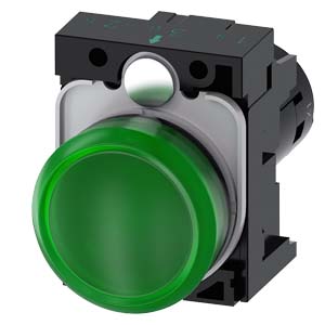 Indicator lights, compact, 22 mm, round, plastic, green, lens, smooth, with holder, Operating voltage 230 V AC, screw terminal